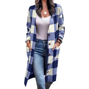 image:imageCHARTOU Womens Oversized Woolen Plaid VNeck Button Front Long Shacket Jacket OvercoatBlue