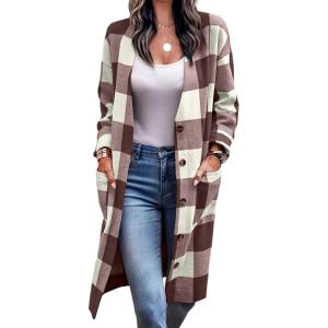 image:imageCHARTOU Womens Oversized Woolen Plaid VNeck Button Front Long Shacket Jacket OvercoatBrown