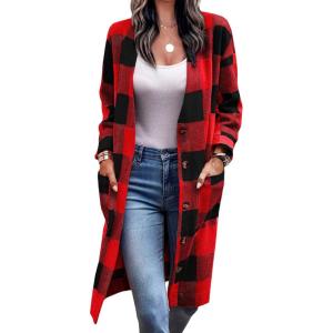 image:imageCHARTOU Womens Oversized Woolen Plaid VNeck Button Front Long Shacket Jacket OvercoatRed