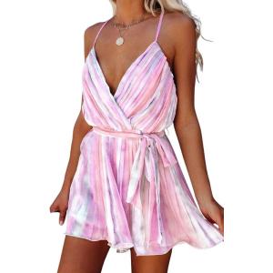 image:imageCHARTOU Womens Sexy v Neck Backless Multicolored Stripes Ruched Ruffled ALine Mini DressPink