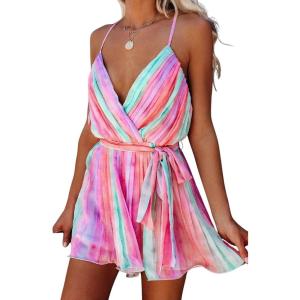 image:imageCHARTOU Womens Sexy v Neck Backless Multicolored Stripes Ruched Ruffled ALine Mini DressRose