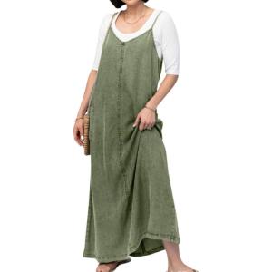 image:imageCHARTOU Womens Spaghetti Strap Denim Maxi Dress Overall Patchwork A Line Flowy Long Jean Dress with PocketsArmy Green