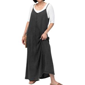 image:imageCHARTOU Womens Spaghetti Strap Denim Maxi Dress Overall Patchwork A Line Flowy Long Jean Dress with PocketsBlack