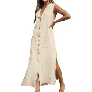 image:imageCHARTOU Womens Summer Casual Button Down Shirt Dress Cotton Linen Sleeveless Side Slit Maxi Tank Dresses with PocketsApricot