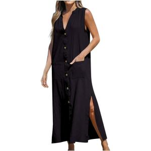 image:imageCHARTOU Womens Summer Casual Button Down Shirt Dress Cotton Linen Sleeveless Side Slit Maxi Tank Dresses with PocketsBlack