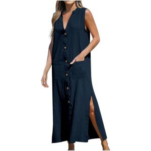 image:imageCHARTOU Womens Summer Casual Button Down Shirt Dress Cotton Linen Sleeveless Side Slit Maxi Tank Dresses with PocketsNavy Blue