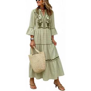 image:imageCHARTOU Womens Summer Floral Embroidery Boho Midi Dress 34 Ruffle Sleeves V Neck Casual Beach Dress with PocketsGreen