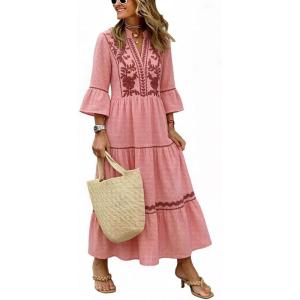 image:imageCHARTOU Womens Summer Floral Embroidery Boho Midi Dress 34 Ruffle Sleeves V Neck Casual Beach Dress with PocketsPink
