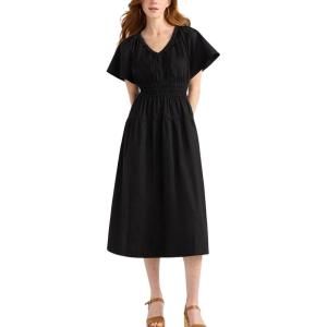 image:imageCHARTOU Womens V Neck Cotton Mid Long Dress Short Sleeve Elastic Waist Cinch Elegant Party DressBlack