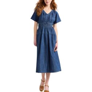 image:imageCHARTOU Womens V Neck Cotton Mid Long Dress Short Sleeve Elastic Waist Cinch Elegant Party DressBlue