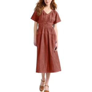 image:imageCHARTOU Womens V Neck Cotton Mid Long Dress Short Sleeve Elastic Waist Cinch Elegant Party DressBrick Red
