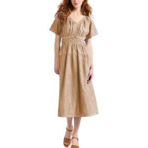 image:imageCHARTOU Womens V Neck Cotton Mid Long Dress Short Sleeve Elastic Waist Cinch Elegant Party DressKhaki