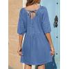 image:imageCHARTOU Puff Sleeve Short Denim Dress for Women Summer V Neck Lace Up Mini Jean Dress Cowgirl OutfitsBlue