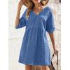 image:imageCHARTOU Puff Sleeve Short Denim Dress for Women Summer V Neck Lace Up Mini Jean Dress Cowgirl OutfitsBlue