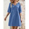 image:imageCHARTOU Puff Sleeve Short Denim Dress for Women Summer V Neck Lace Up Mini Jean Dress Cowgirl OutfitsBlue