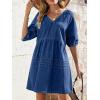 image:imageCHARTOU Puff Sleeve Short Denim Dress for Women Summer V Neck Lace Up Mini Jean Dress Cowgirl OutfitsDark Blue