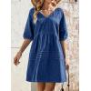 image:imageCHARTOU Puff Sleeve Short Denim Dress for Women Summer V Neck Lace Up Mini Jean Dress Cowgirl OutfitsDark Blue