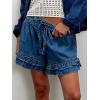 image:imageCHARTOU Ruffle Hem Jean Shorts Womens Summer Drawstring Elastic High Waisted Denim Shorts with PocketsDark Blue