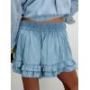 image:imageCHARTOU Ruffle Hem Jean Shorts Womens Summer Drawstring Elastic High Waisted Denim Shorts with PocketsLight Blue
