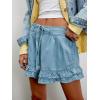 image:imageCHARTOU Ruffle Hem Jean Shorts Womens Summer Drawstring Elastic High Waisted Denim Shorts with PocketsLight Blue