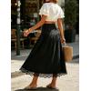 image:imageCHARTOU Women Pleated Denim Midi Skirt Button Front Elastic Waist Lace Patchwork Jean Skirt with DrawstringBlack