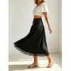 image:imageCHARTOU Women Pleated Denim Midi Skirt Button Front Elastic Waist Lace Patchwork Jean Skirt with DrawstringBlack