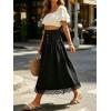 image:imageCHARTOU Women Pleated Denim Midi Skirt Button Front Elastic Waist Lace Patchwork Jean Skirt with DrawstringBlack