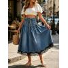 image:imageCHARTOU Women Pleated Denim Midi Skirt Button Front Elastic Waist Lace Patchwork Jean Skirt with DrawstringDark Blue