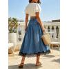 image:imageCHARTOU Women Pleated Denim Midi Skirt Button Front Elastic Waist Lace Patchwork Jean Skirt with DrawstringDark Blue