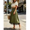image:imageCHARTOU Women Pleated Denim Midi Skirt Button Front Elastic Waist Lace Patchwork Jean Skirt with DrawstringGreen