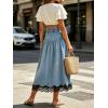 image:imageCHARTOU Women Pleated Denim Midi Skirt Button Front Elastic Waist Lace Patchwork Jean Skirt with DrawstringLight Blue