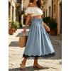 image:imageCHARTOU Women Pleated Denim Midi Skirt Button Front Elastic Waist Lace Patchwork Jean Skirt with DrawstringLight Blue