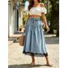image:imageCHARTOU Women Pleated Denim Midi Skirt Button Front Elastic Waist Lace Patchwork Jean Skirt with DrawstringLight Blue