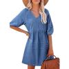 image:imageCHARTOU Puff Sleeve Short Denim Dress for Women Summer V Neck Lace Up Mini Jean Dress Cowgirl OutfitsBlue