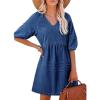 image:imageCHARTOU Puff Sleeve Short Denim Dress for Women Summer V Neck Lace Up Mini Jean Dress Cowgirl OutfitsDark Blue