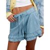 image:imageCHARTOU Ruffle Hem Jean Shorts Womens Summer Drawstring Elastic High Waisted Denim Shorts with PocketsLight Blue