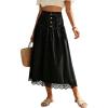 image:imageCHARTOU Women Pleated Denim Midi Skirt Button Front Elastic Waist Lace Patchwork Jean Skirt with DrawstringBlack