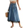 image:imageCHARTOU Women Pleated Denim Midi Skirt Button Front Elastic Waist Lace Patchwork Jean Skirt with DrawstringDark Blue