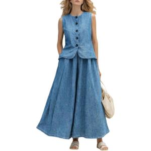 image:imageCHARTOU 2 Piece Denim Skirt Set Women Spring Outfits Button Down Vest Jean A Line Maxi Long Flowy SkirtBlue
