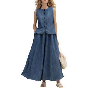 image:imageCHARTOU 2 Piece Denim Skirt Set Women Spring Outfits Button Down Vest Jean A Line Maxi Long Flowy SkirtDark Blue