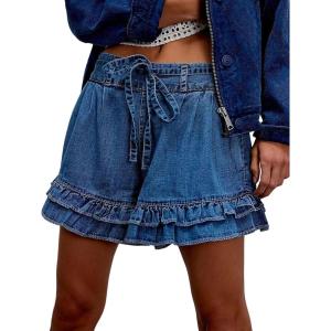 image:imageCHARTOU Ruffle Hem Jean Shorts Womens Summer Drawstring Elastic High Waisted Denim Shorts with PocketsDark Blue