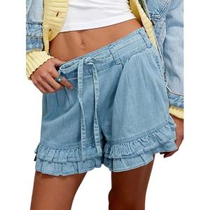 image:imageCHARTOU Ruffle Hem Jean Shorts Womens Summer Drawstring Elastic High Waisted Denim Shorts with PocketsLight Blue