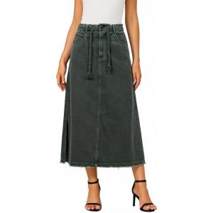 image:imageCHARTOU Women Casual Midi Denim Skirt Drawstring Waist Side Slit Frayed Hem Jean Skirt with PocketsGreen