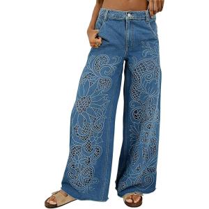 image:imageCHARTOU Women Cutout Baggy Jeans Distressed Denim Floral Loose Flare Wide Leg Pants with PocketsBlue