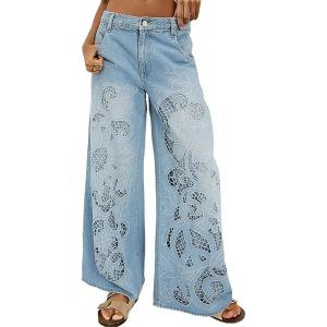 image:imageCHARTOU Women Cutout Baggy Jeans Distressed Denim Floral Loose Flare Wide Leg Pants with PocketsDark Blue