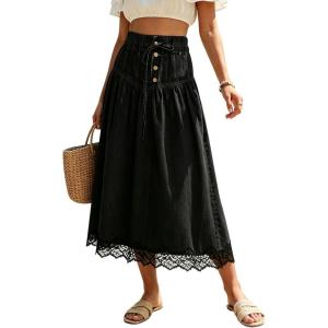 image:imageCHARTOU Women Pleated Denim Midi Skirt Button Front Elastic Waist Lace Patchwork Jean Skirt with DrawstringBlack