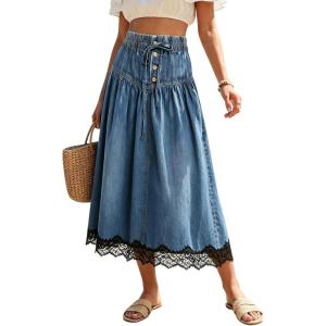 image:imageCHARTOU Women Pleated Denim Midi Skirt Button Front Elastic Waist Lace Patchwork Jean Skirt with DrawstringDark Blue