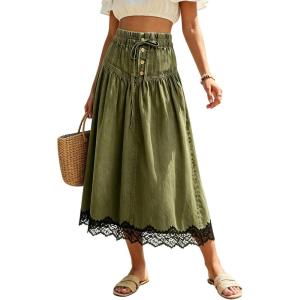 image:imageCHARTOU Women Pleated Denim Midi Skirt Button Front Elastic Waist Lace Patchwork Jean Skirt with DrawstringGreen