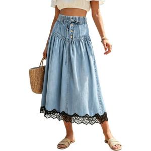 image:imageCHARTOU Women Pleated Denim Midi Skirt Button Front Elastic Waist Lace Patchwork Jean Skirt with DrawstringLight Blue