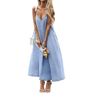 image:imageCHARTOU Women Spaghetti Strap Denim Dress Long Flowy Maxi Jean Dress Summer Vacation Sundress with PocketsBlue
